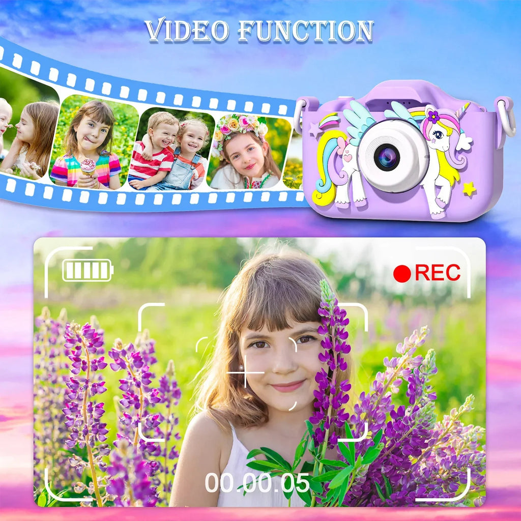 Unicorn-design children's mini camera with Full HD 1080p and 2-inch screen