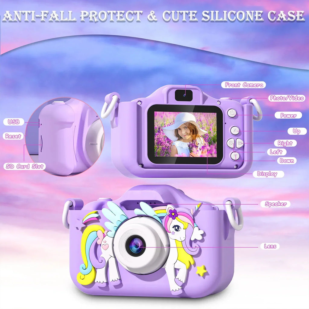 Unicorn-design children's mini camera with Full HD 1080p and 2-inch screen