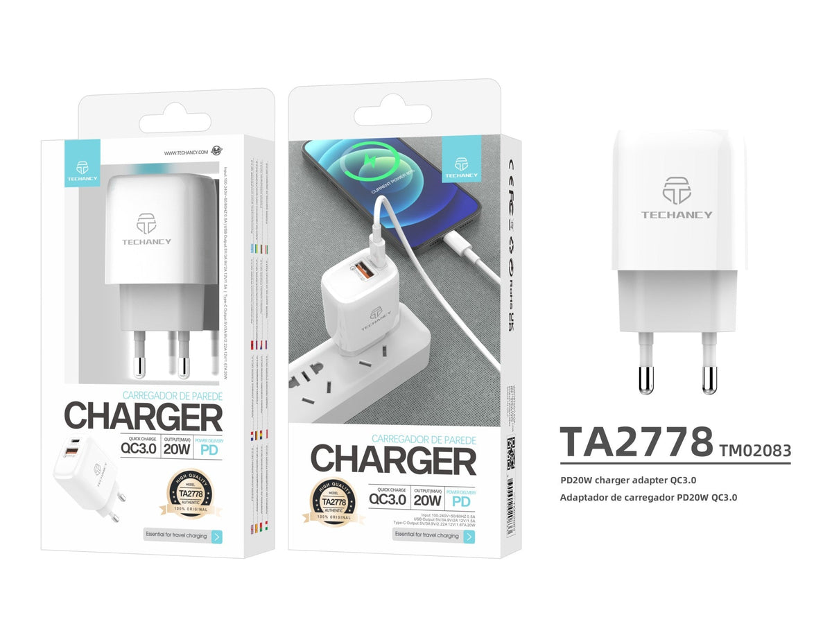 Vit Techancy TA2801-laddare på 20 W med PD-snabbladdning och QC 3.0