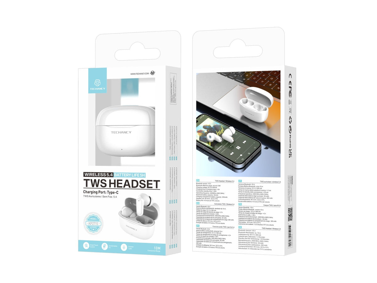 Techancy TWS KP2715 Bluetooth 5.4-hörlurar med HD-mikrofon, vita