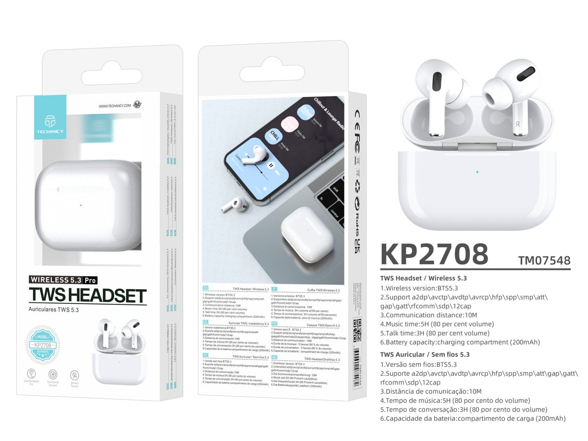 Techancy TWS KP2708 Bluetooth 5.3-hörlurar, vita, upp till 5 timmars speltid