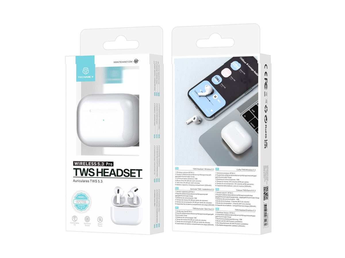 Techancy TWS KP2708 Bluetooth 5.3-hörlurar, vita, upp till 5 timmars speltid