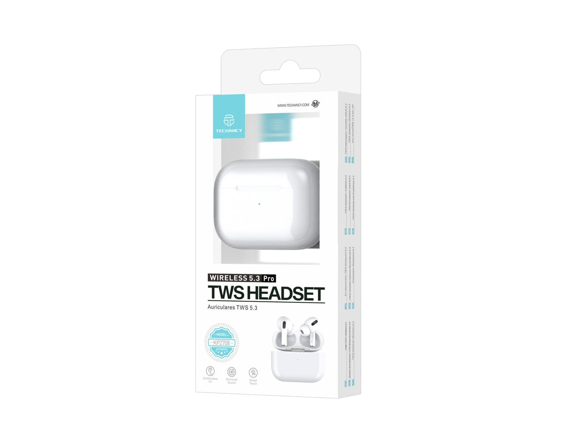 Techancy TWS KP2708 Bluetooth 5.3-hörlurar, vita, upp till 5 timmars speltid