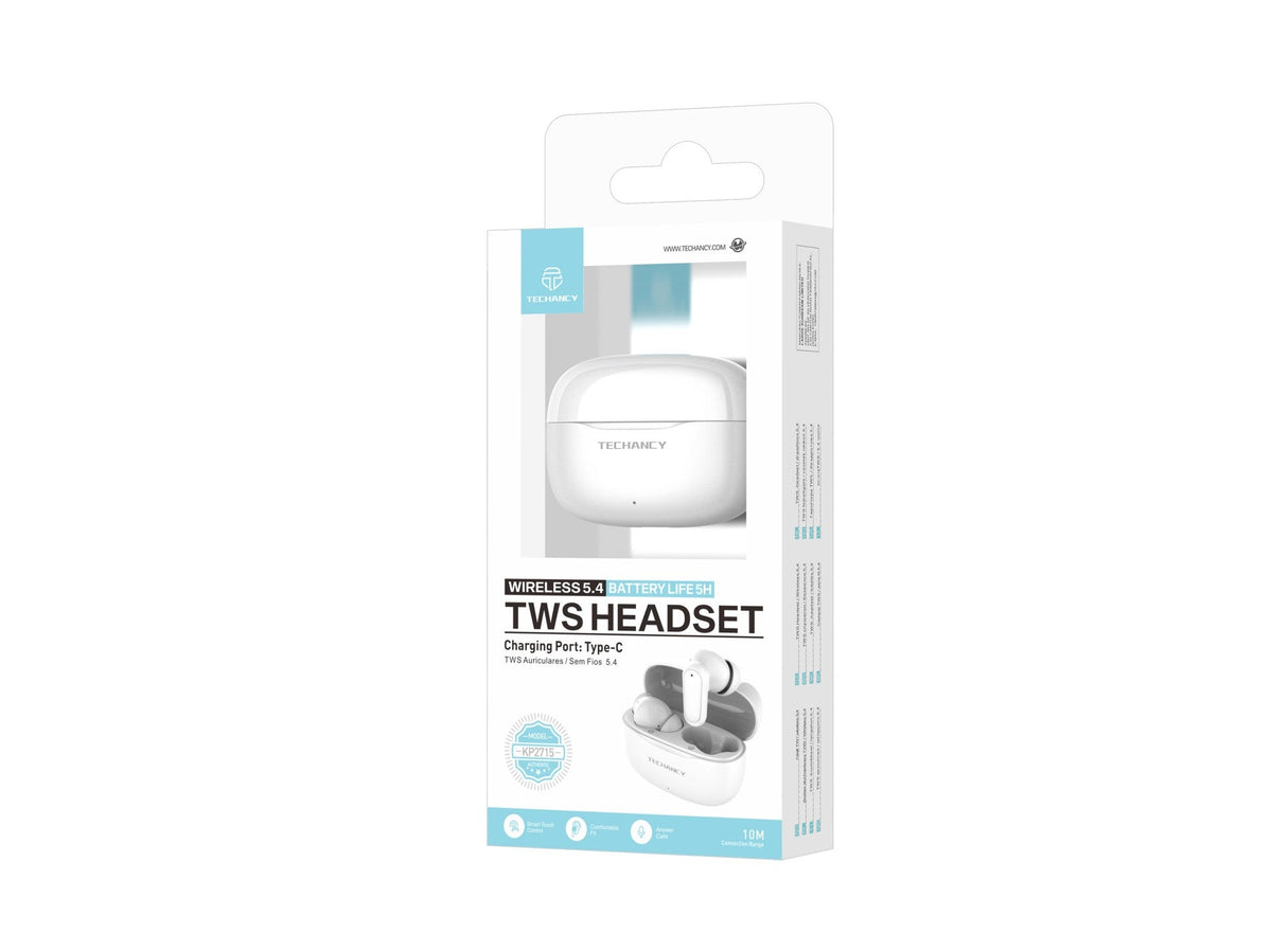 Techancy TWS KP2715 Bluetooth 5.4-hörlurar med HD-mikrofon, vita