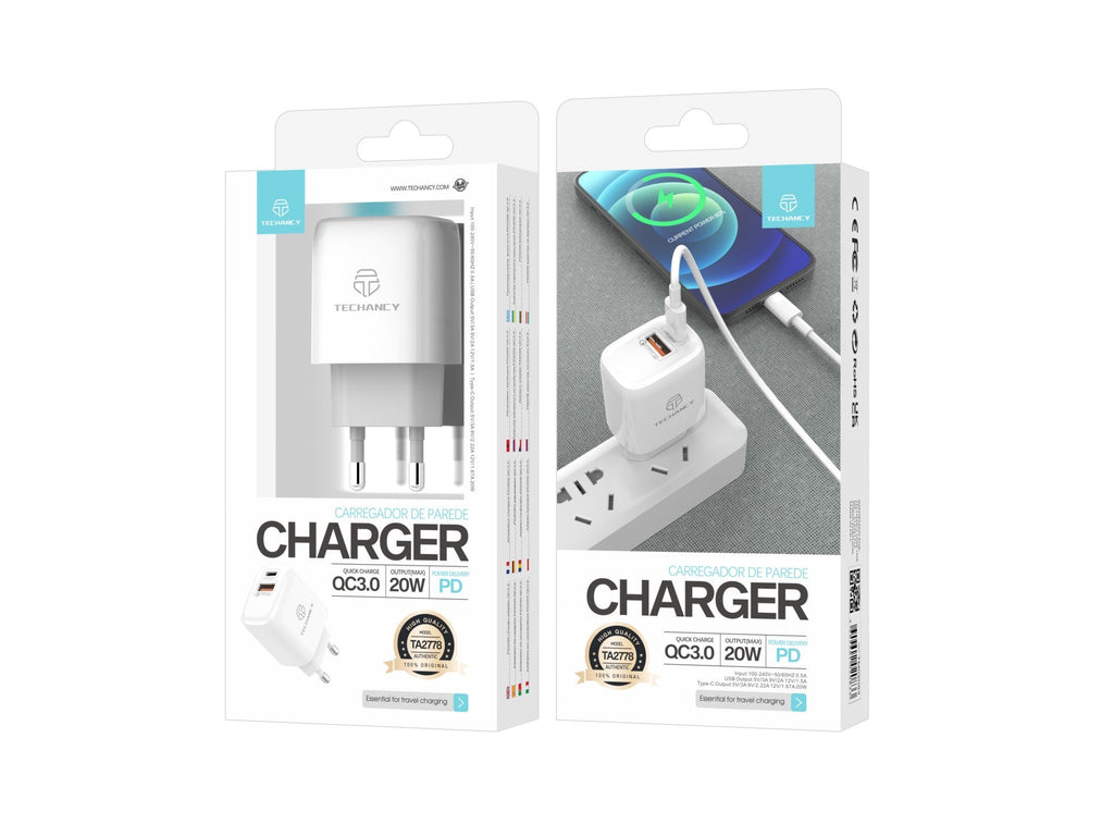Vit Techancy TA2801-laddare på 20 W med PD-snabbladdning och QC 3.0