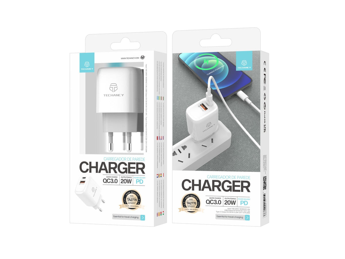Vit Techancy TA2801-laddare på 20 W med PD-snabbladdning och QC 3.0